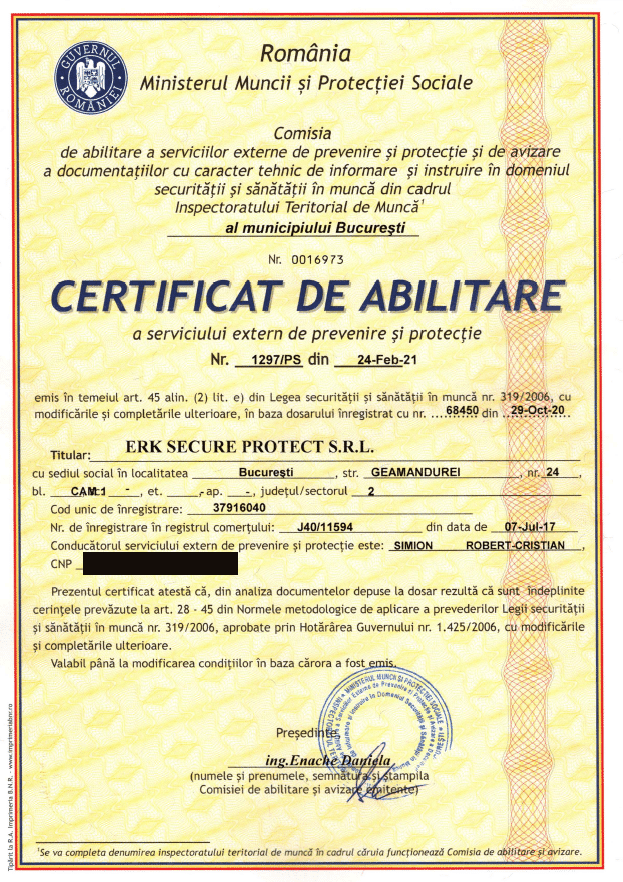 Certificat de abilitare ERK Secure Protect SRL