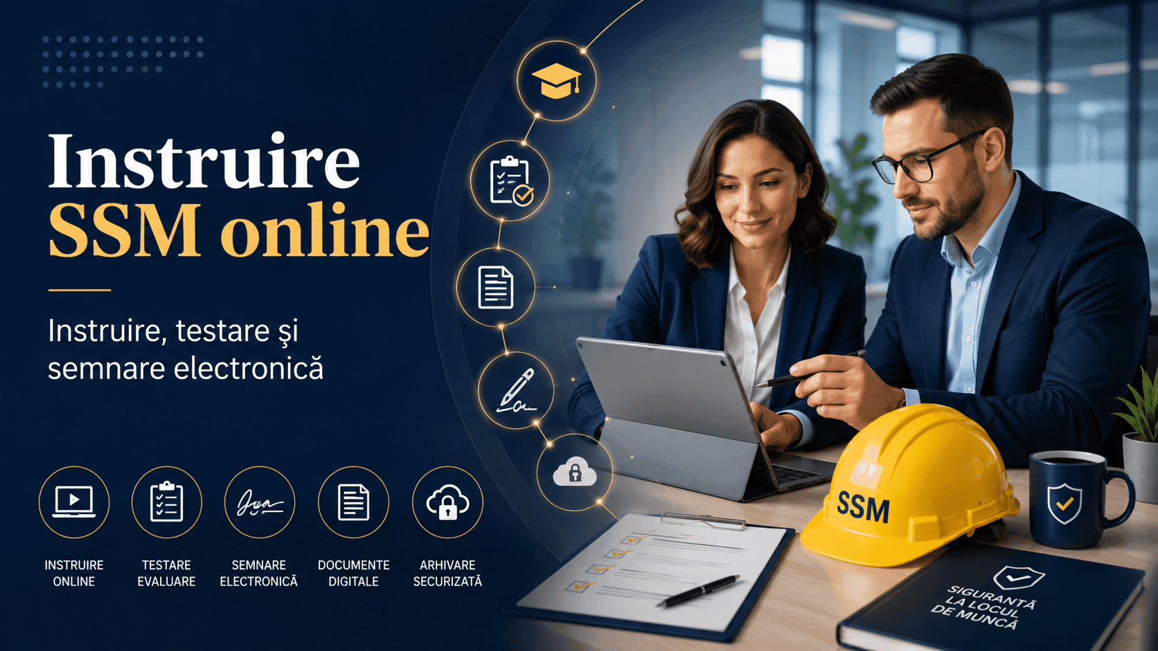 Prezentare a instruirii SSM online pentru echipe de birou
