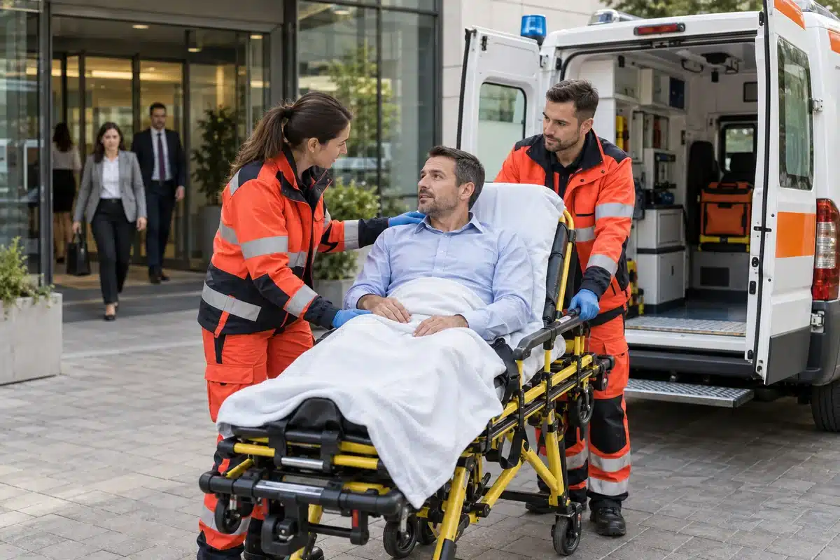 Echipaj de ambulanță asistând un lucrător după un accident la locul de muncă, scenă ilustrativă