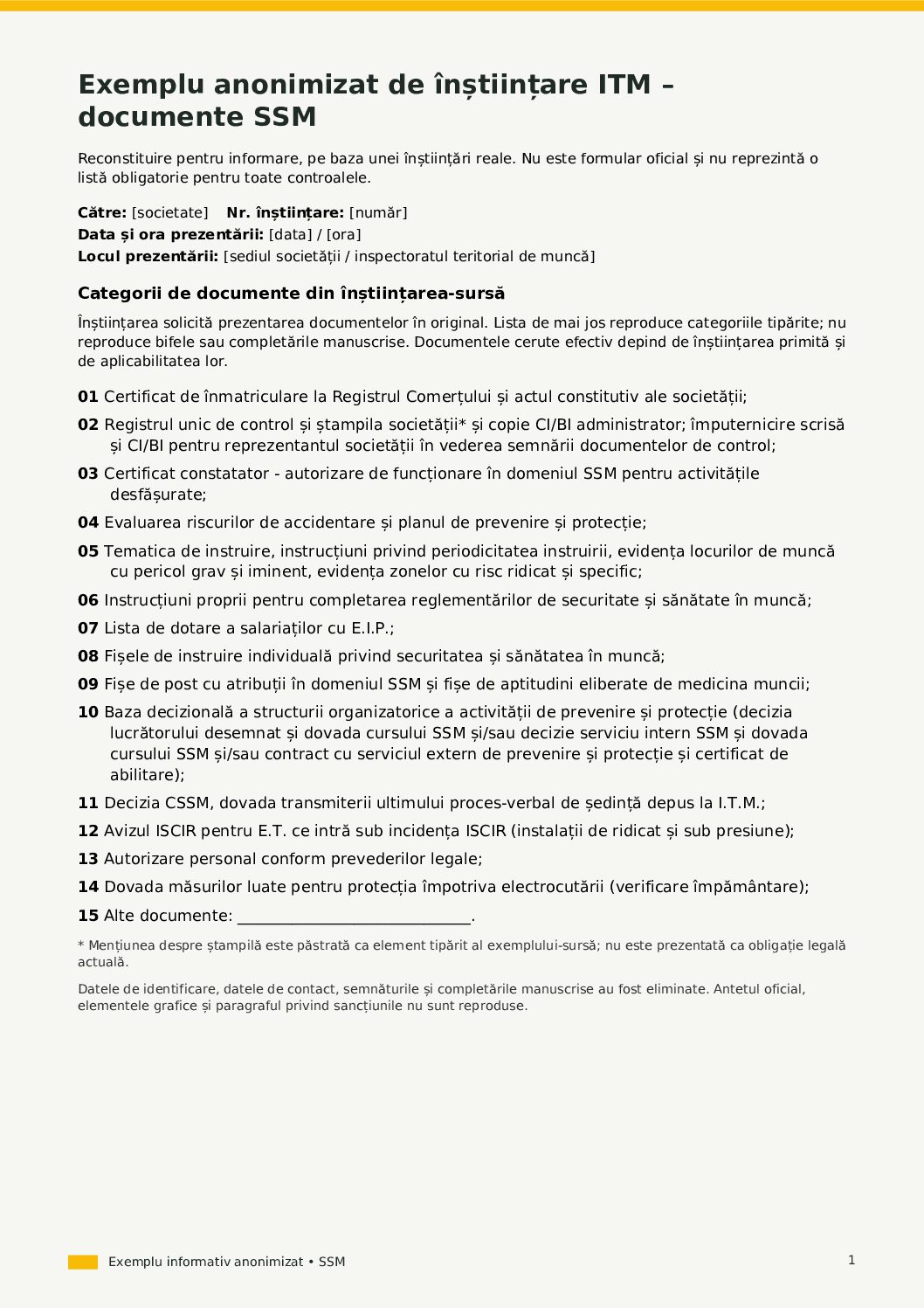 Exemplu anonimizat de înștiințare ITM: 15 categorii tipărite de documente SSM, fără bife și date de identificare