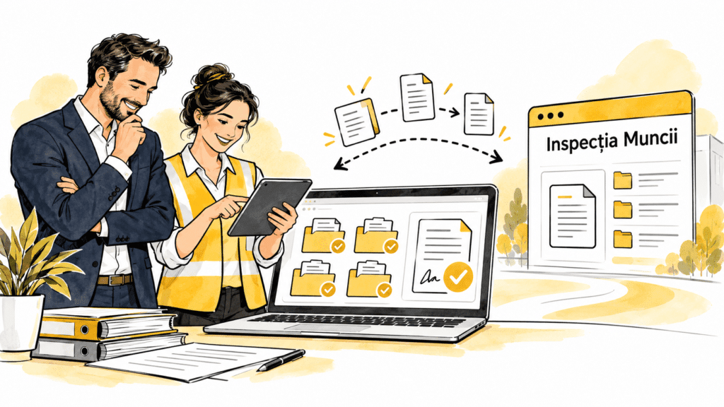 Ilustrație despre documentele SSM digitale și comunicarea cu Inspecția Muncii
