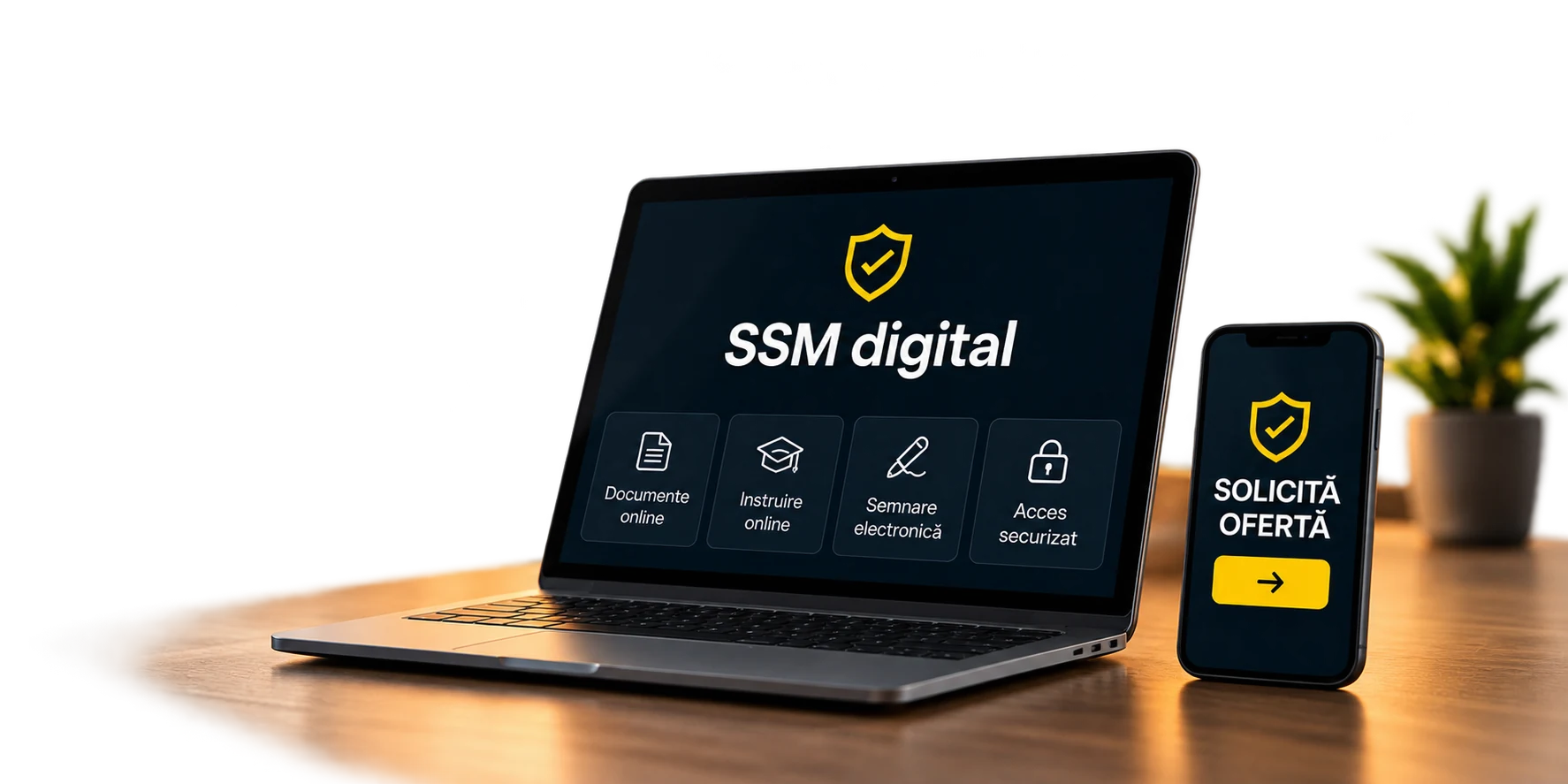 Laptop și telefon care ilustrează accesul digital la documente, instruire și semnare electronică
