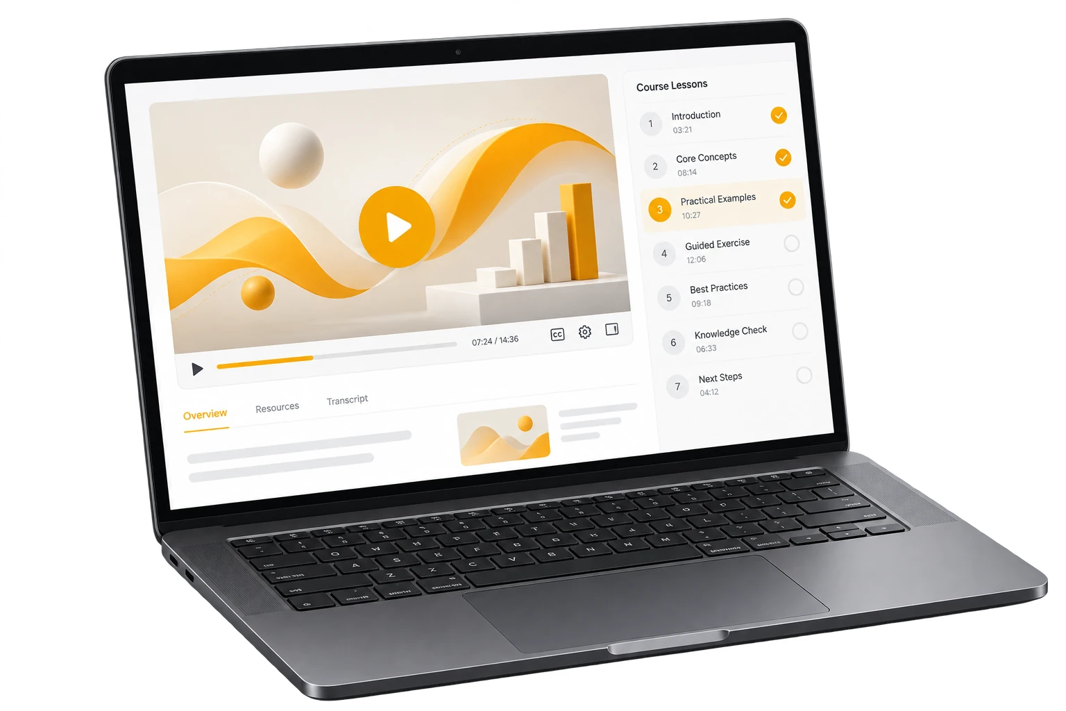 Laptop cu interfață de instruire online, lecție video și progres